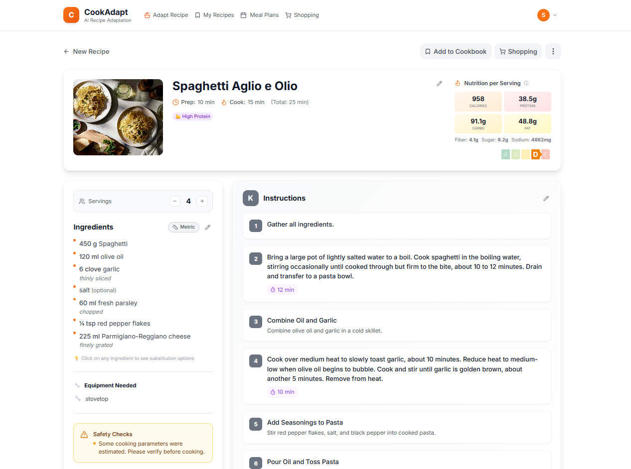 CookAdapt app showing a converted recipe